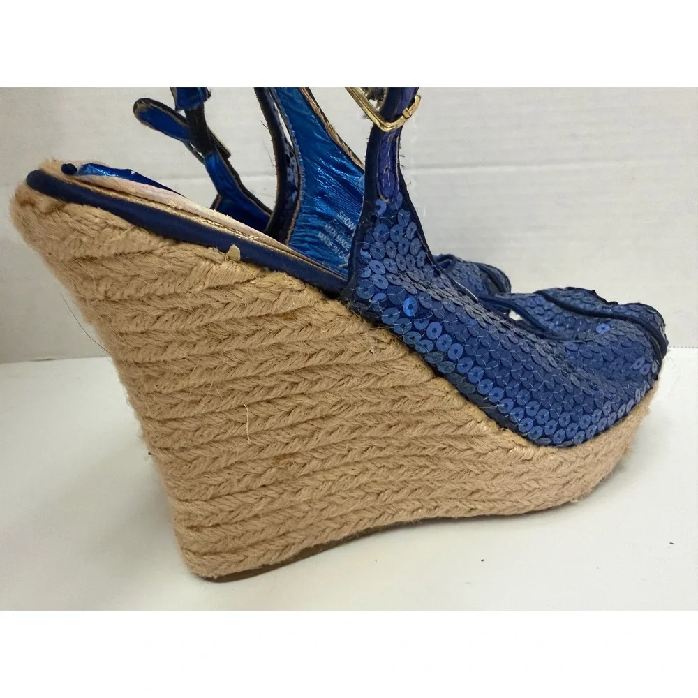 Zigisoho Blue Sequin Espadrille Wedge Sandals Slingback Peep Toe Platform Shoes
